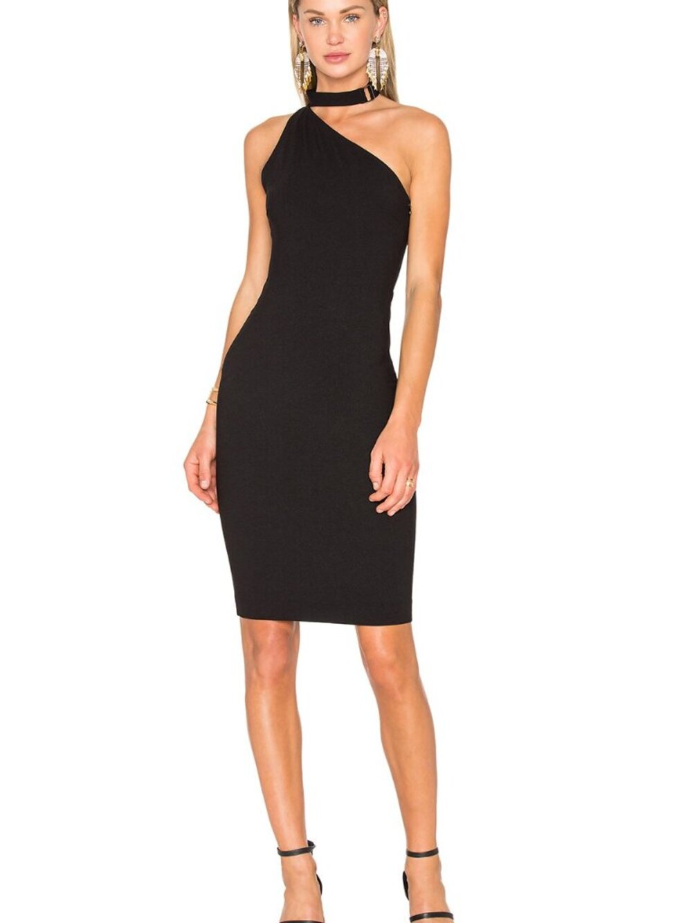 IROxAnja Rubik Solly Black One-Shoulder Stretch Crepe Choker Midi Dress Size 38